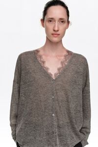 Long gray melange wool and lace cardigan