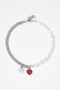 Chain necklace with pearls and red crystals heart