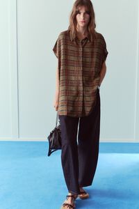Khaki checked dropped-shoulder shirt