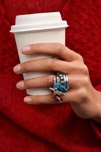 Silver three-band animals and crystals ring