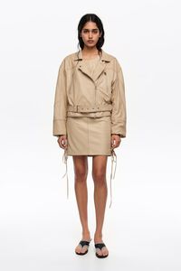 Light stone leather adjustable double-breasted jacket