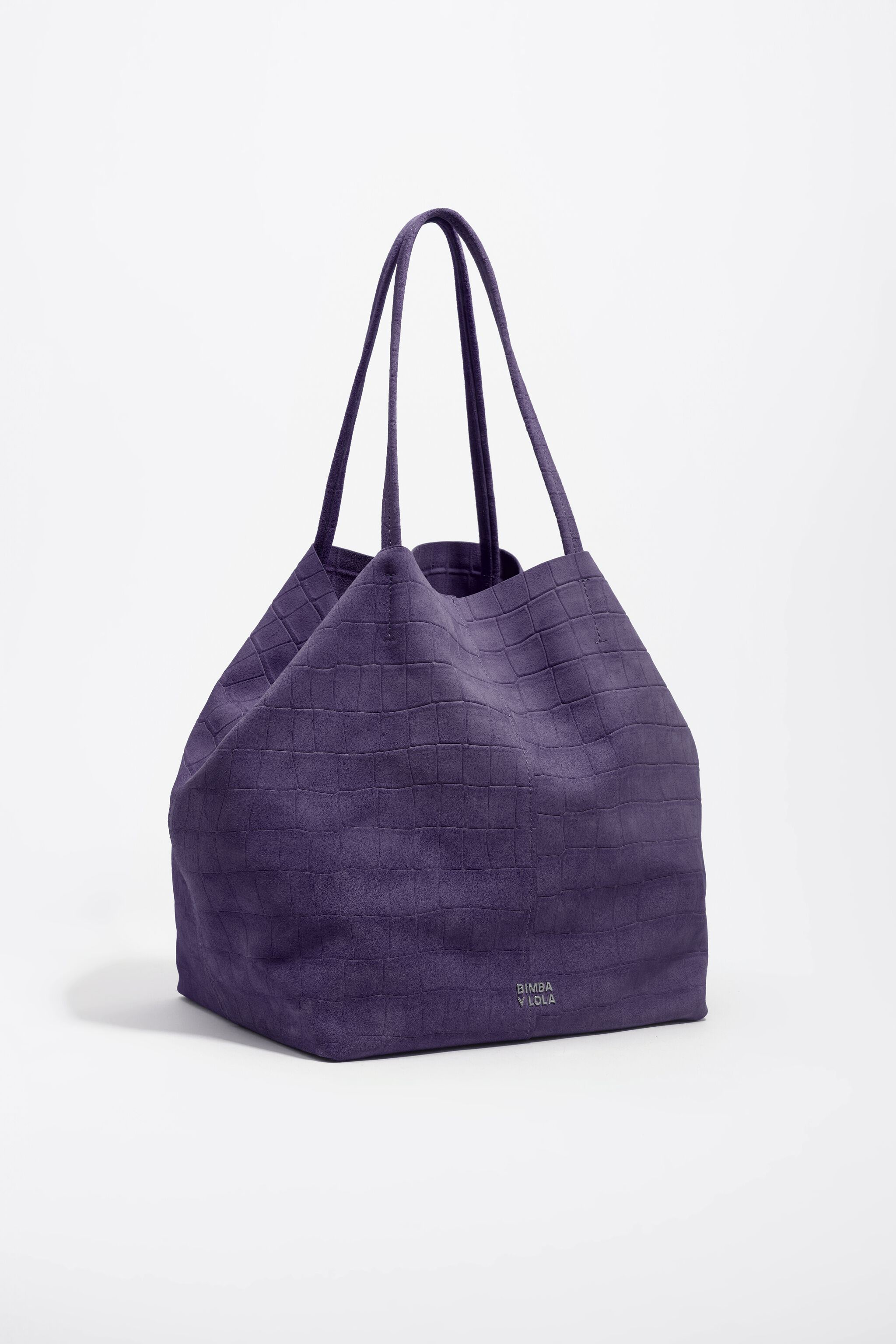 Large suede shopper bag in purple crocodile embossed