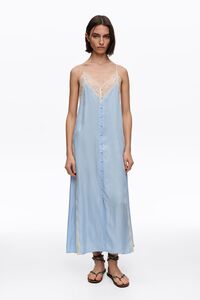 Light blue slip dress with contrast lace trim