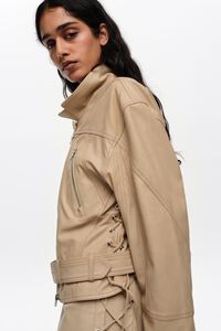 Light stone leather adjustable double-breasted jacket