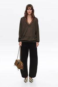 Long chocolate wool and lace sweater