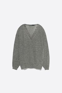 Long dark gray melange wool and lace sweater