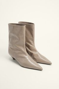Grey Leather Heeled Ankle Boot