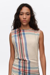 Ivory linen striped sleeveless dress with overlay strap