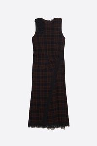 Dark brown checked midi dress with lace details