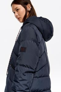 Navy blue fur straight cut hooded puffer