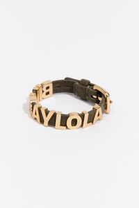 Gold logo bracelet with olive suede strap