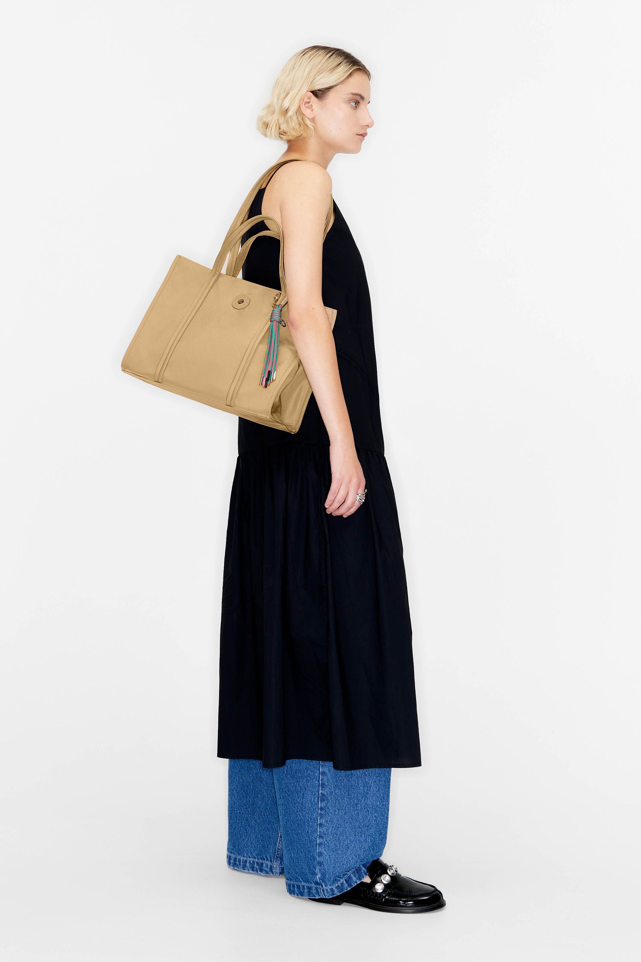 L tan nylon shopper bag