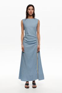 Sleeveless dress with blue striped overlay strap