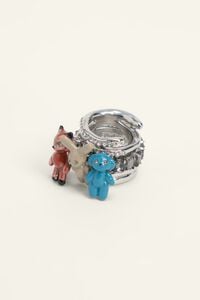 Silver three-band animals and crystals ring