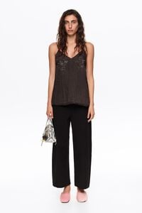 Black cotton and linen barrel-leg trousers