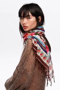 Burgundy ikat flower patchwork shawl