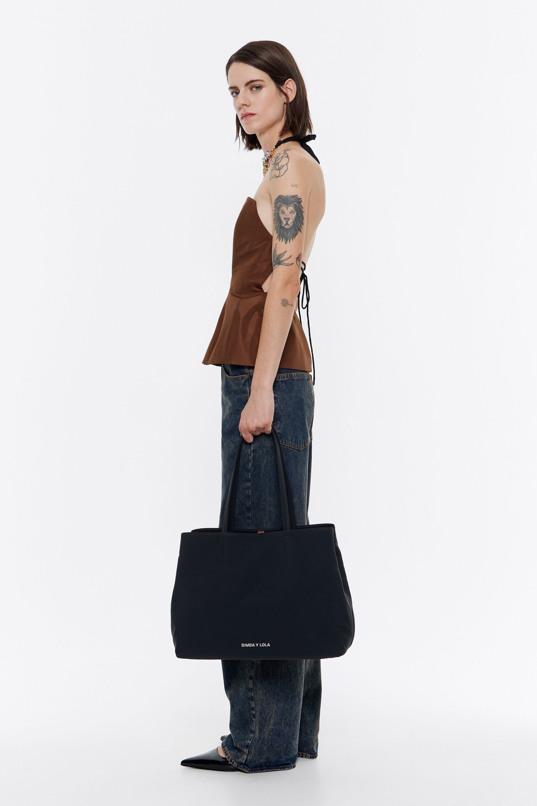 Large anthracite gabardine Chihuahua shopper bag