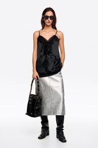 Straight black mixed fabrics top