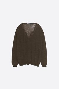 Long chocolate wool and lace sweater