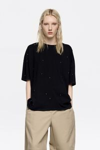 Washed black cotton studded T-shirt