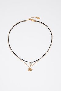 Double-layer chain necklace with black crystals and bee in antique gold