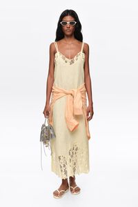 Light yellow washed linen lace V-neck dress