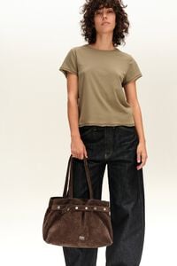 Coffee suede snaps shopper bag