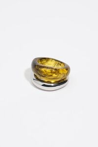 Set of 2 olive and silver amber-effect resin rings