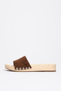 Tan suede wooden platform sandal