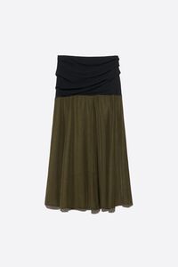 Black and khaki mixed-fabric gathered A-line skirt
