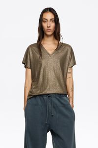 Gold lurex V-neck T-shirt