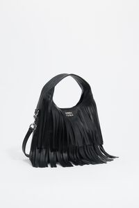Small black leather fringed Paper bag