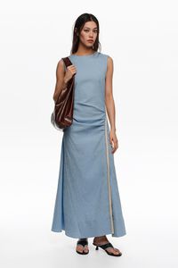 Sleeveless dress with blue striped overlay strap