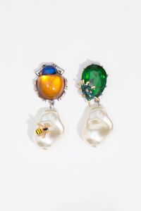 Beetle earrings with amber, crystals, and pearls