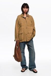 Camel linen jacket with adjustable waist
