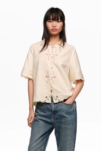 Beige linen cotton embroidered shirt