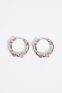 Silver textured metal hoop earrings with pink crystals