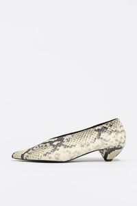 Snake print leather low heel court shoe