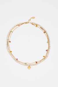 Triple crystals pearls and heart logo necklace