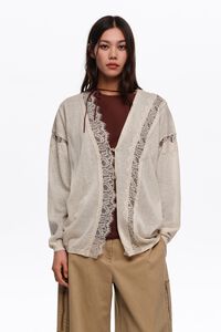 Long sand cotton and linen cardigan with lace trim