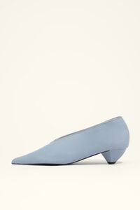 Blue leather low heel court shoe
