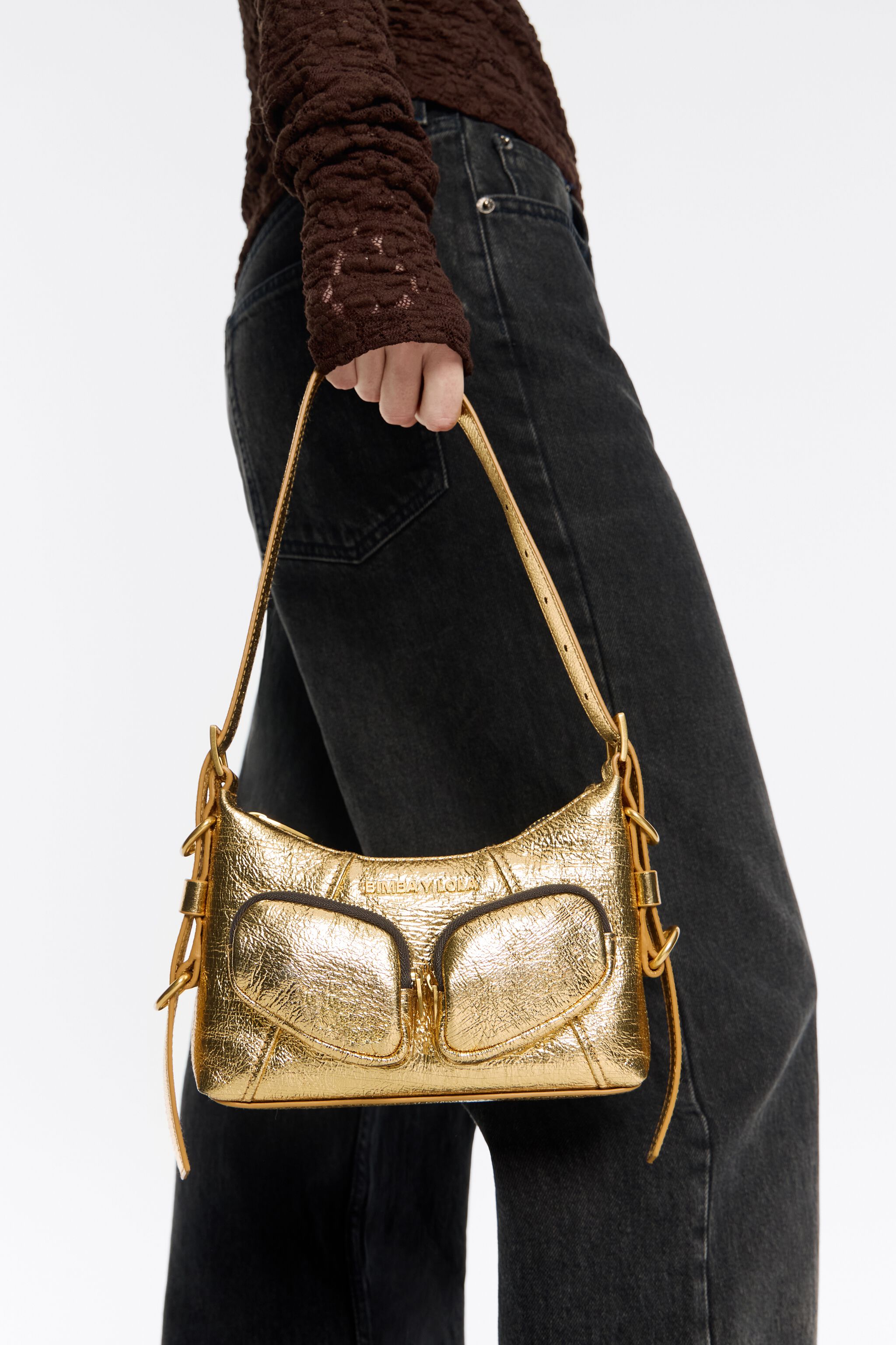 Mini gold leather Pocket slouch bag