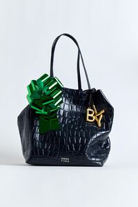 Large leather shopper bag in petrol blue crocodile embossed