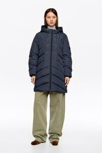 Navy blue fur straight cut hooded puffer