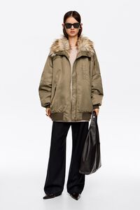 Light khaki fur-lined padded bomber