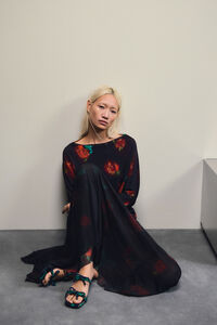 Black Ribbon Roses gathered dress with tulle skirt