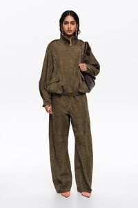 Dark olive suede barrel trousers