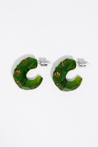 Green resin and crystals hoop earrings