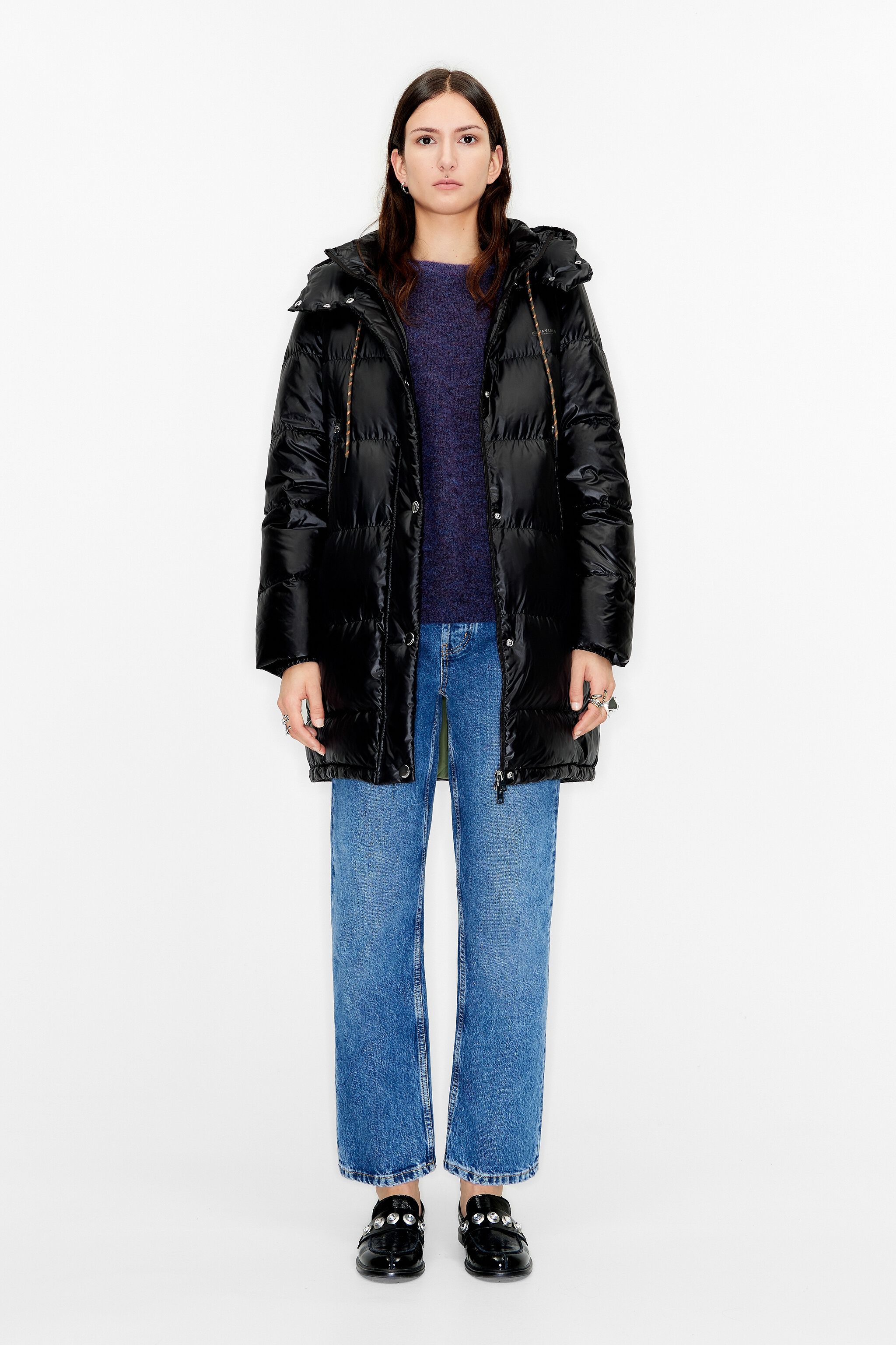 Black quilted midi puffer