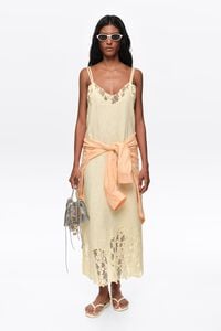 Light yellow washed linen lace V-neck dress